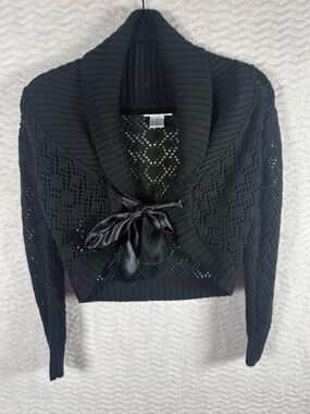 Pout Black Cropped Openwork Shawl-Collar Sweater with Satin Bow